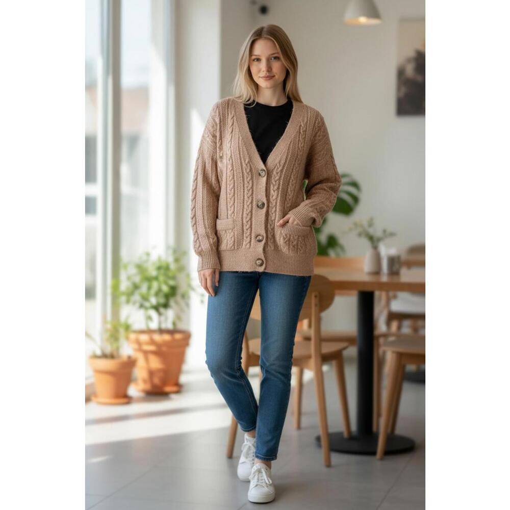 Zara Women's Cardigan S Brown  V-Neck Button Cardigan Camel  SIZE L # 1128 - Picture 6 of 16